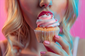 Close up of woman eating cupcake in front of studio background. KI generiert, generiert, AI