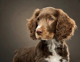 Dog, Muensterlaender, portrait, head only, puppies, dark background, AI generated, AI generated