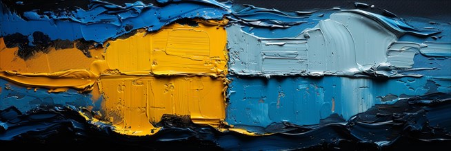 Thick textured oil paint in blue, yellow, and white applied with a palette knife, banner 3:1 wide
