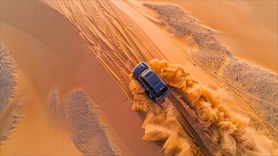 Overhead drone aerial shot of a car leaving deep tracks and stirring up a dust cloud on a sandy