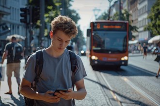 Pupil looking at his smartphone at a bus stop, symbolic image for accident risk due to media