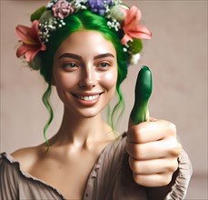 A young woman with flowers in her hair shows off her green thumb, symbolic image nursery, floristry