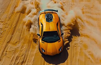 Action shot of a yellow Lamborghini racing through the desert, kicking up dust, action sports
