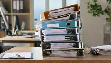 Organised piles of paper and folders on a desk in an office, symbolism bureaucracy, AI generated,