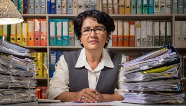 A woman sits behind a desk full of folders and piles of paper in the office, symbolising