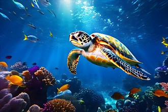 Sea turtle swimming in vibrant reef, AI generated, deep sea, fish, squid, bioluminescent, glowing,