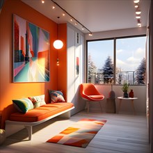 Tiny house interior modern in vibrant colors, AI generated
