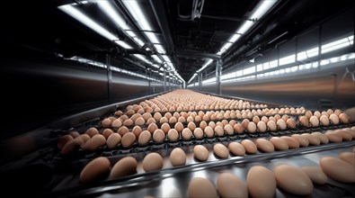 Egg production in a factory, eggs on a conveyor belt, AI generated