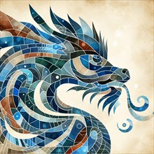 Intricate mosaic of an abstract dragon with geometric shapes in blue and green, square aspect, AI