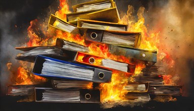 Illustration of a fierce fire consuming folders and generating ash, symbol bureaucracy, AI