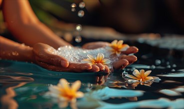 Hands resting in water among floating plumeria flowers, creating a serene dusk spa-like atmosphere