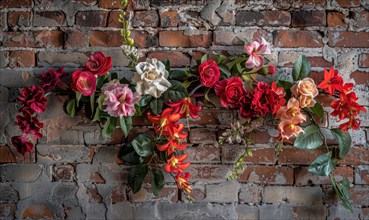 A wall-mounted floral arrangement featuring red flowers and white roses against bricks AI generated