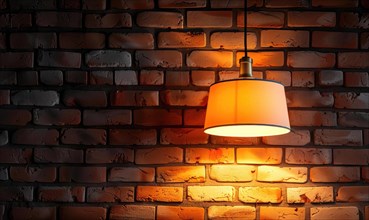 Orange glow from a pendant light creates ambiance against a brick wall AI generated