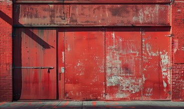 Red industrial door on a weathered brick building showing strong textures AI generated
