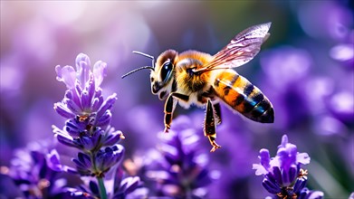 Bee harvesting nectar in a sea of lavender, AI generated
