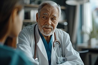 Experienced elderly doctor having a conversation with a colleague, AI generated