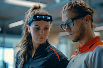 Two tech professionals, a man and a woman, focusing intently on data with headgear equipped, AI