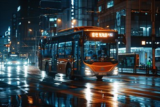 Illuminated city bus driving on a wet urban street at night, reflecting public transport in motion,