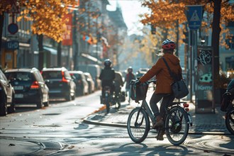 Person cycling on an autumnal city street with morning sunlight casting warm hues, AI generated