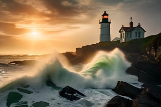 Lighthouse nestled against a vast ocean with waves rhythmically crashed onto the rocky shoreline,