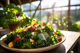 Hearty kale and almond salad glistens under the morning sun inside a sun drenched greenhouse, AI