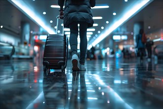 Person walking through an airport with a suitcase under blue illuminated ceiling, AI generated