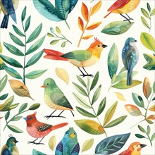 Seamless watercolor pattern featuring birds in various poses amidst foliage AI generated