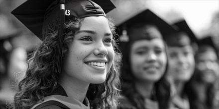 Close-up of a smiling young woman in a graduation cap at college, monochrome, AI generated