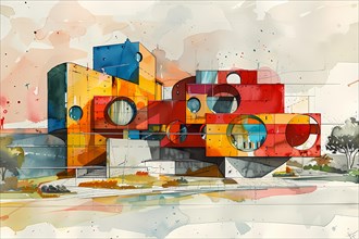 Playful and contemporary geometric architecture with bold colors in an abstract illustration,