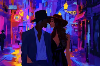 Silhouette of a couple enjoying a vibrant, colorful city nightlife scene, illustration, AI