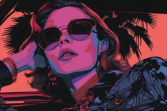 Retro-style illustration of a woman in sunglasses with neon pink and blue colors and palm trees,
