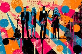 Vibrant illustration of a band performing with an abstract cityscape background, illustration, AI