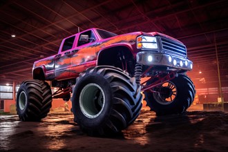 Monster truck illuminated by neon lights, excitement and thrill of an extreme sport and