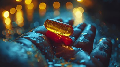 A close-up of a glowing nootropic capsule pill on a wet hand at night with light bokeh in the