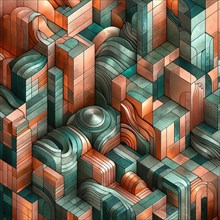 Abstract 3D geometric image with curved copper and teal pipes, AI generated