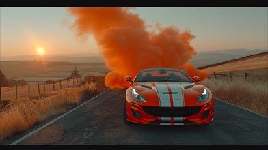 A red sports car with racing stripes stands on an open road with orange smoke around it, AI