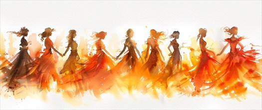 Artistic depiction of women in fiery-hued dresses dancing in a watercolor style, banner 3:1 wide