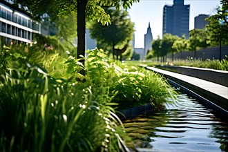 Lose ups of plants in an urban park functioning as a flood mitigation system, AI generated