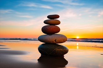 STacking zen stones at beach with sunset. KI generiert, generiert, AI generated