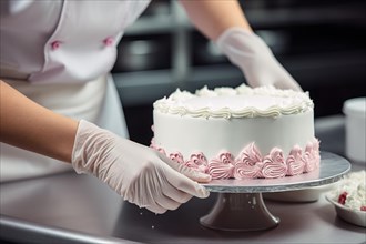 Hands in gloves of kitchen pastry chef working on cream cake. KI generiert, generiert, AI generated