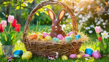 A filled Easter basket with a chocolate bunny between tulips in the warm sunlight, symbol of