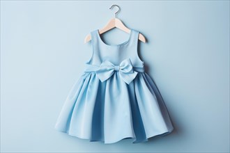 Blue cute dress for children on pastel blue background. KI generiert, generiert, AI generated