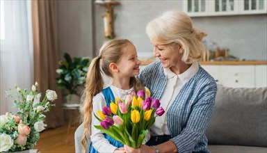 An elderly lady and a little girl smile at each other with a bouquet of tulips in their hands, AI