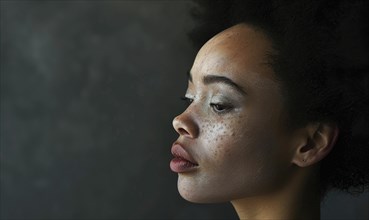 Close-up of a woman's profile with natural skin, freckles, and a somber expression AI generated