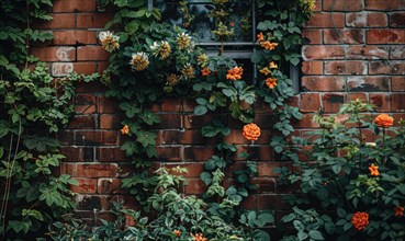 Orange flowers and green vines adorn an old brick wall with a window AI generated