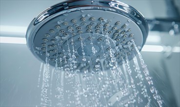 Chrome showerhead with a soothing flow of water droplets in a clean bath AI generated