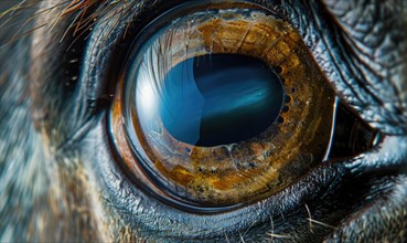 Macro shot of an animal's eye with blue hue surrounded by eyelashes. AI generated