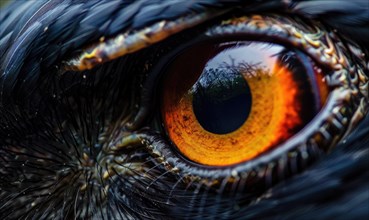 Close-up of an eagle's intense gaze with wilderness reflected in its eye AI generated