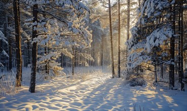 A path through a snowy forest glistens under a serene sunrise AI generated
