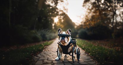 Dog in a wheelchair, pet rehabilitation in technological virtual reality glasses, blind dog, AI